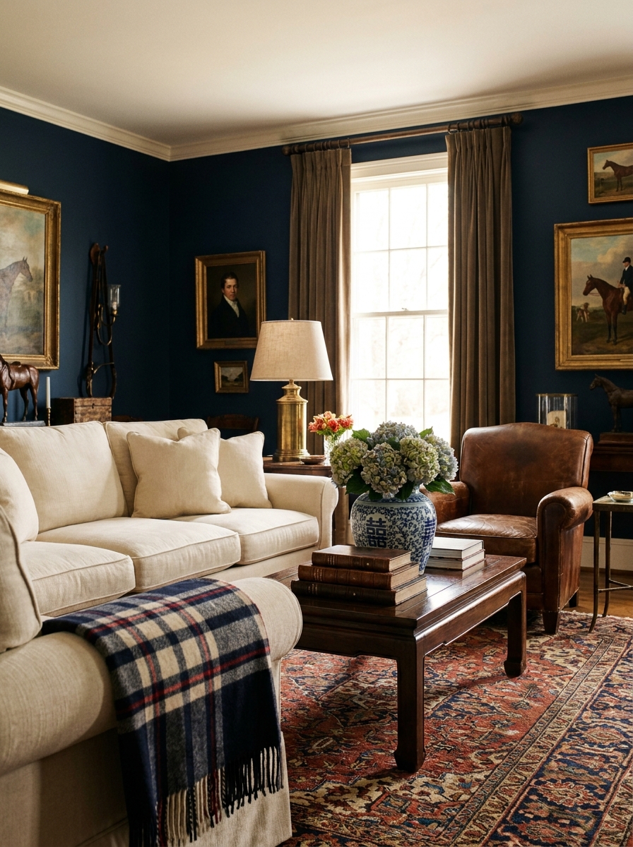Ralph Lauren-inspired living room with navy walls, cream sofa, dark wood table, leather armchair, brass lamps, plaid throw, blue-and-white ceramics, books, and warm light