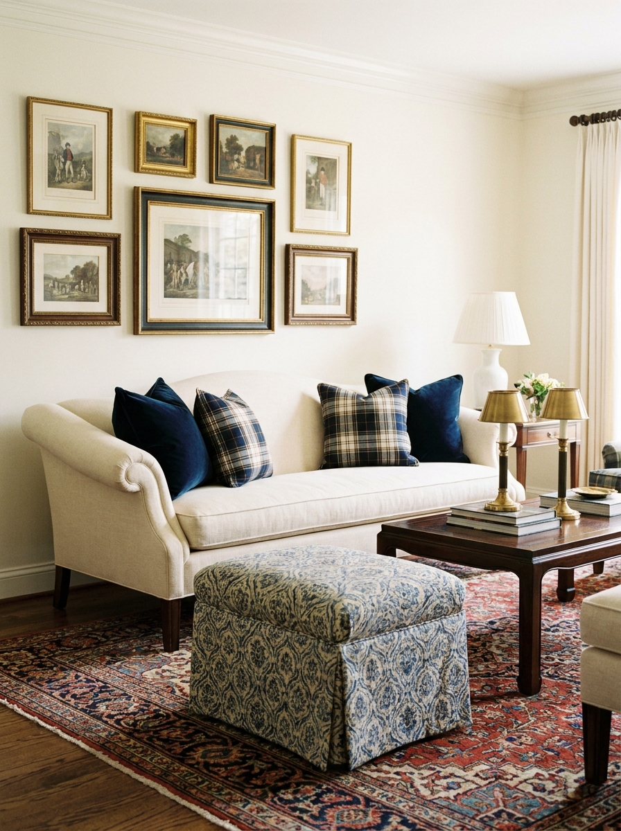 Classic living room with cream rolled-arm sofa, navy and plaid pillows, skirted ottoman, dark wood coffee table, brass lamps, framed art, and traditional patterned rug