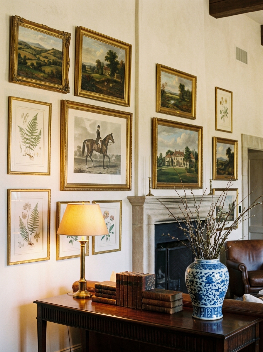 Classic cream wall with framed landscape art, equestrian print, botanical sketch, antique gold frames, dark wood console, brass lamp, books, blue-and-white ceramic vase, and warm light