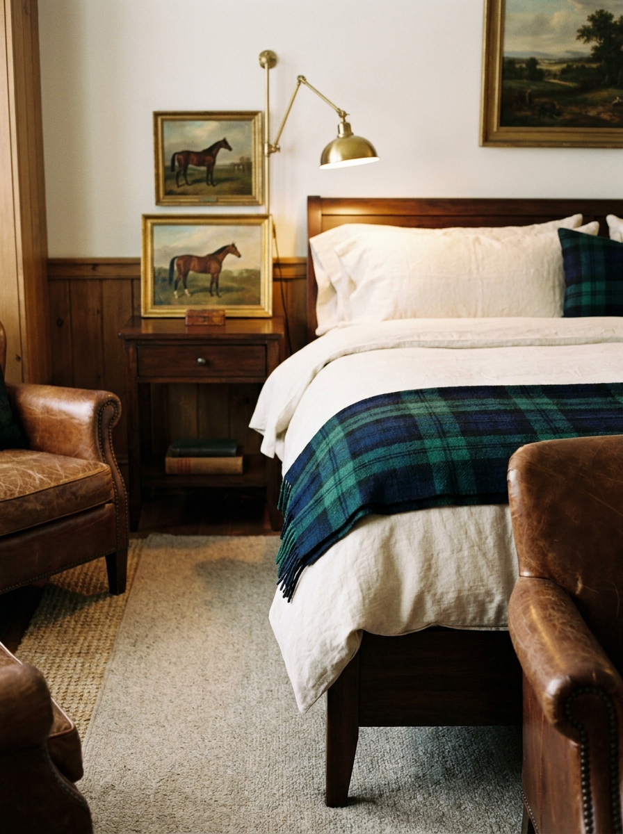 Cozy Ralph Lauren-inspired bedroom detail with plaid wool throw folded across cream bedding, dark wood bed frame, brass bedside lamp, vintage artwork, and warm traditional styling