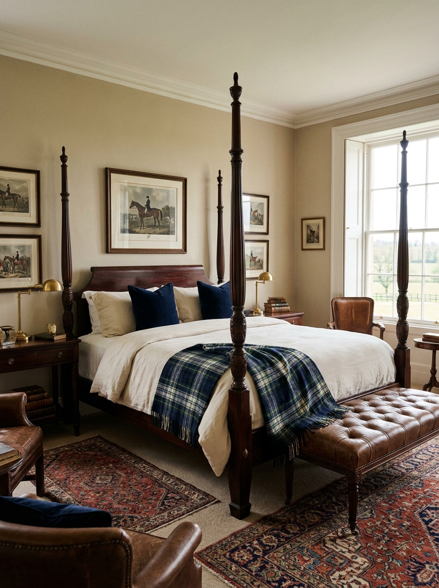 Old money Ralph Lauren-inspired bedroom with dark wood bed frame, cream bedding, navy pillows, plaid throw, leather bench, dark wood nightstands, brass lamps, framed vintage art, and warm neutral walls