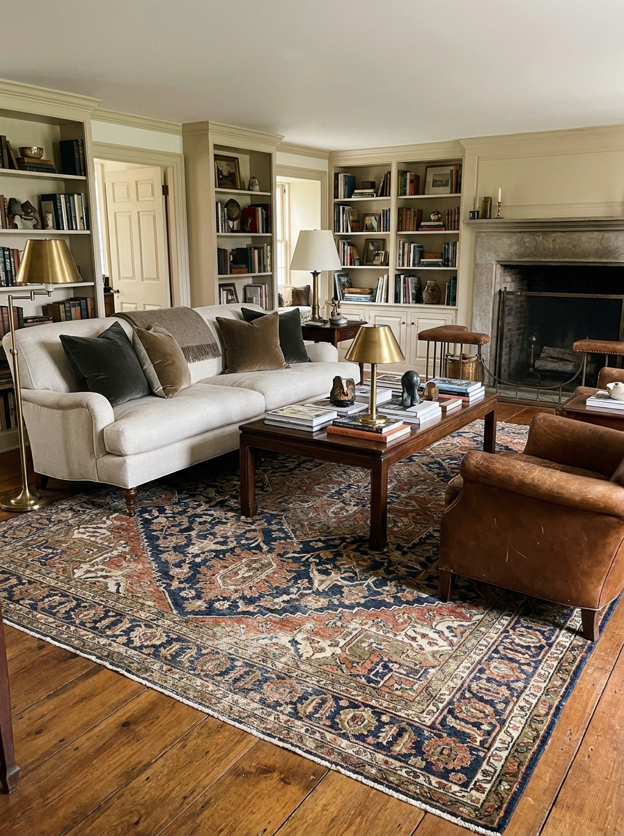 Classic living room centered around a faded Persian-style rug in navy, rust, cream, and olive tones with cream sofa, brown leather chair, dark wood coffee table, brass lamps, books, and layered pillows