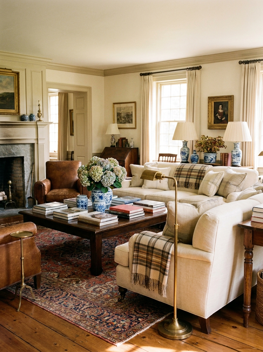 Comfortable yet elegant Ralph Lauren-inspired living room with tailored cream sofa, relaxed plaid throw, dark wood coffee table, leather chair, brass lamps, fresh flowers, books, blue-and-white ceramics, traditional rug, and warm natural light
