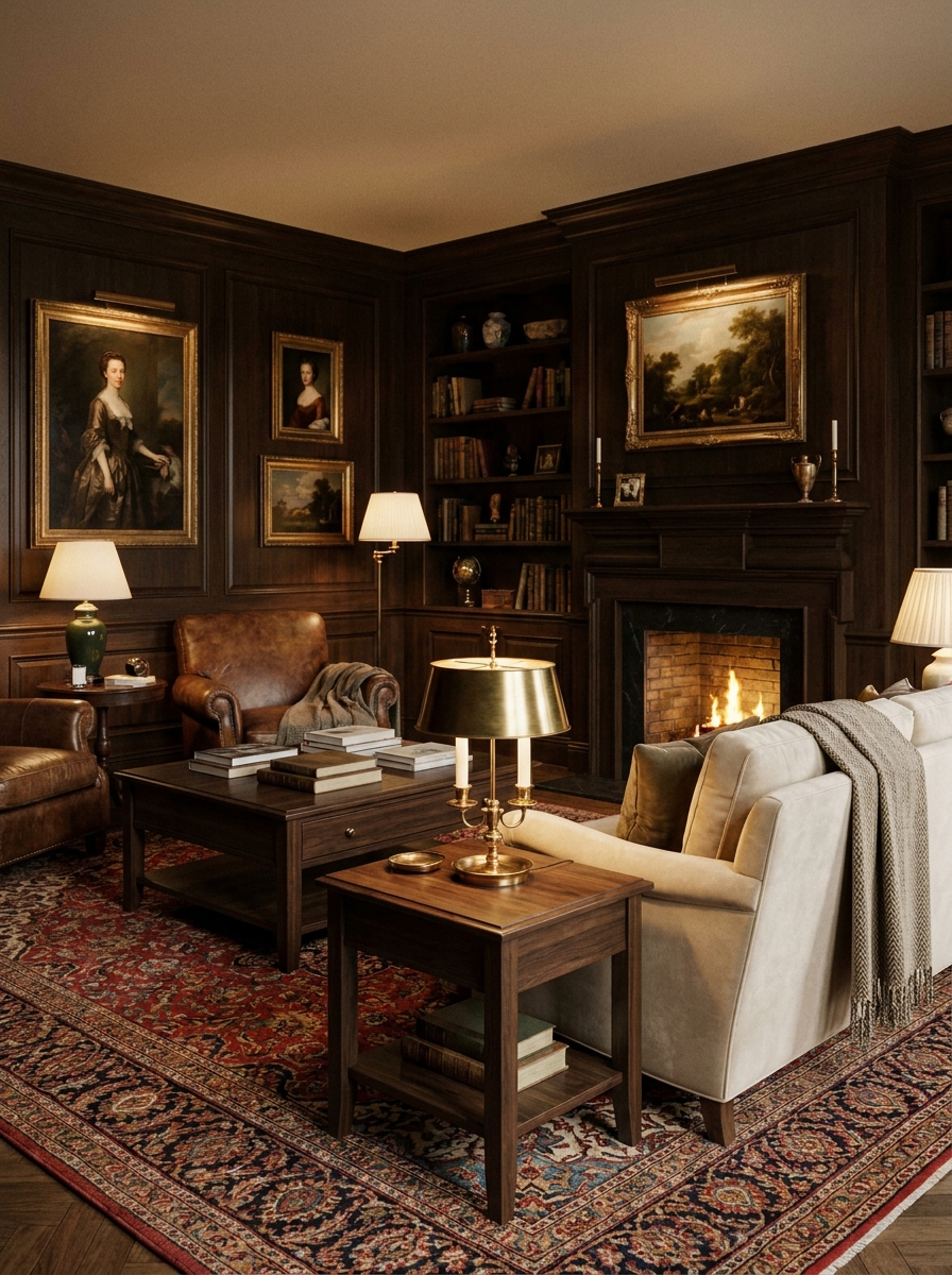 Classic living room with dark walnut coffee table, matching side table, cream sofa, leather armchair, brass lamps, traditional rug, framed vintage-style art, and layered books
