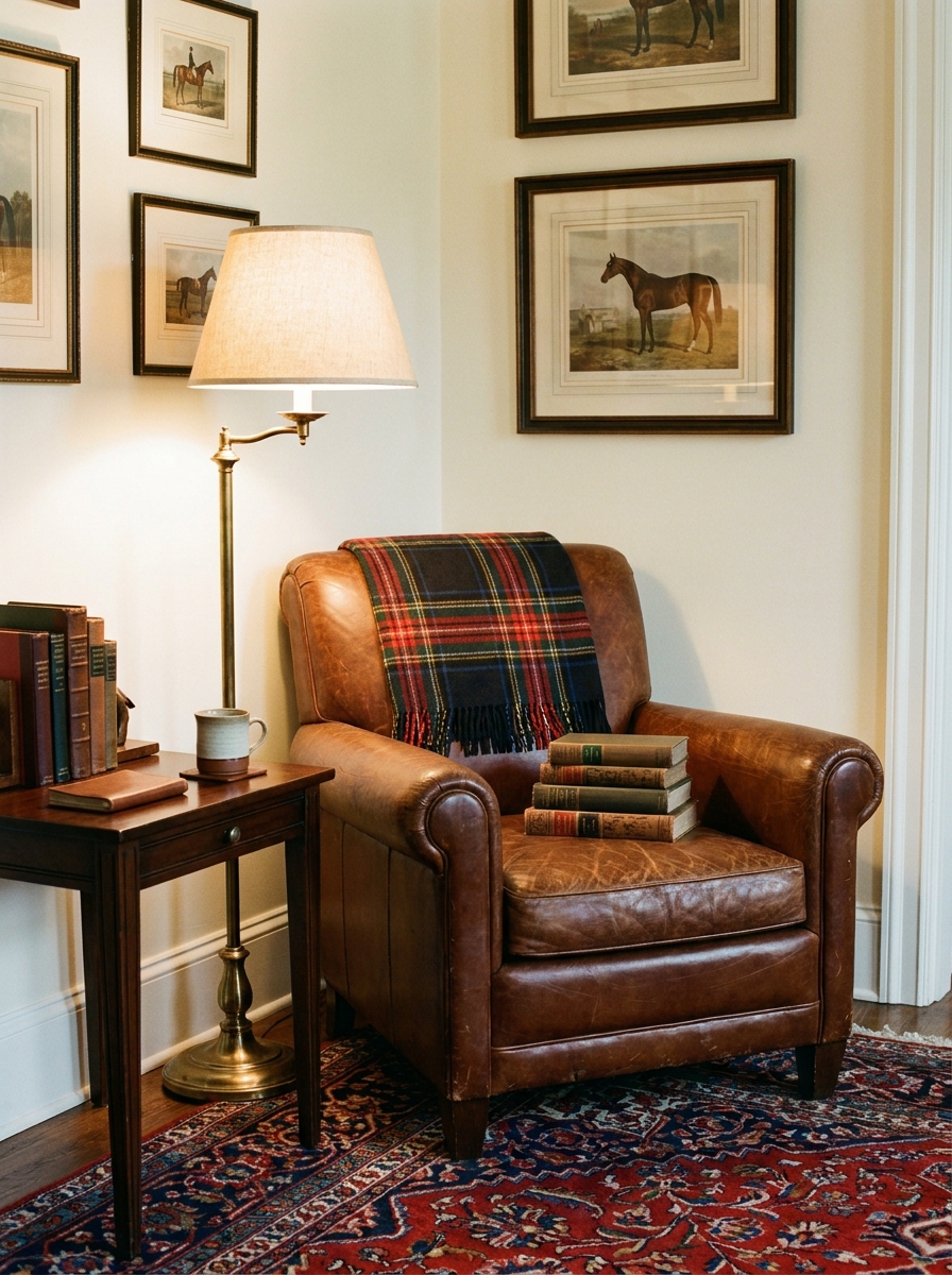 Ralph Lauren-inspired reading corner with brown leather club chair, plaid wool throw, brass floor lamp, dark wood side table, stacked books, framed equestrian-style art, cream walls, and traditional rug