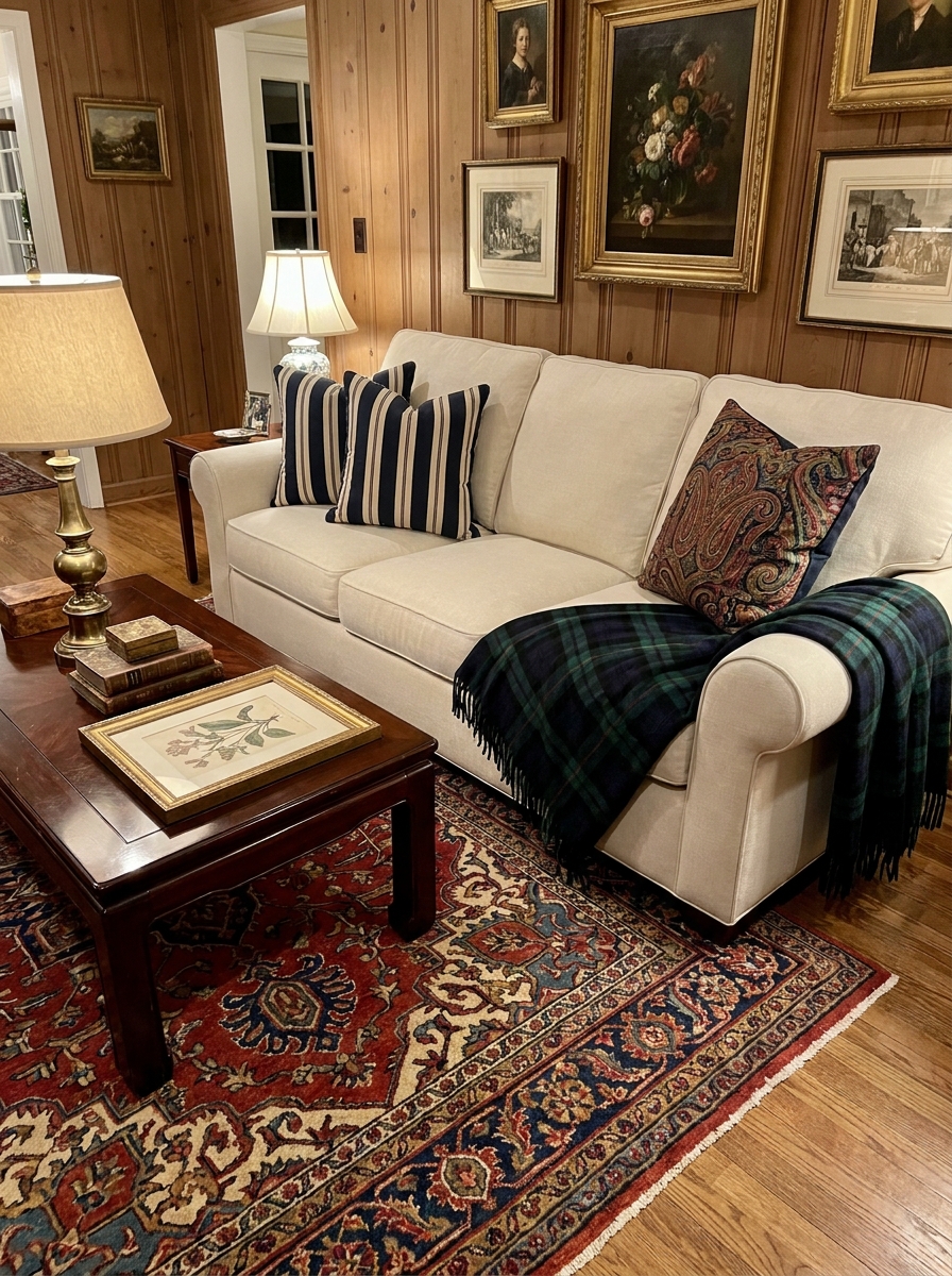 Classic living room with cream sofa, navy striped pillows, green plaid throw blanket, paisley cushion, traditional rug, dark wood table, brass lamp, and framed vintage art