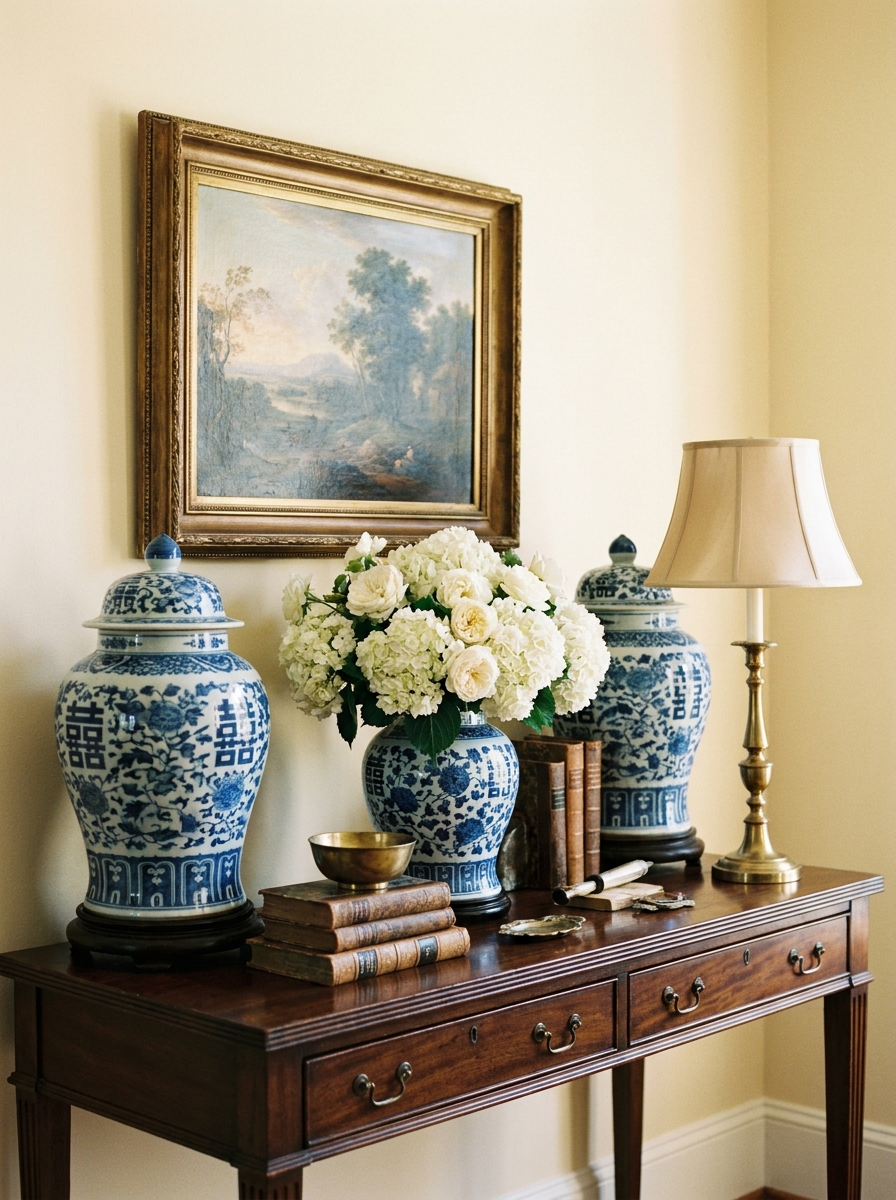 Classic console table with dark wood finish, blue-and-white ginger jars, ceramic vase with white flowers, brass lamp, framed artwork, stacked books, and warm cream walls