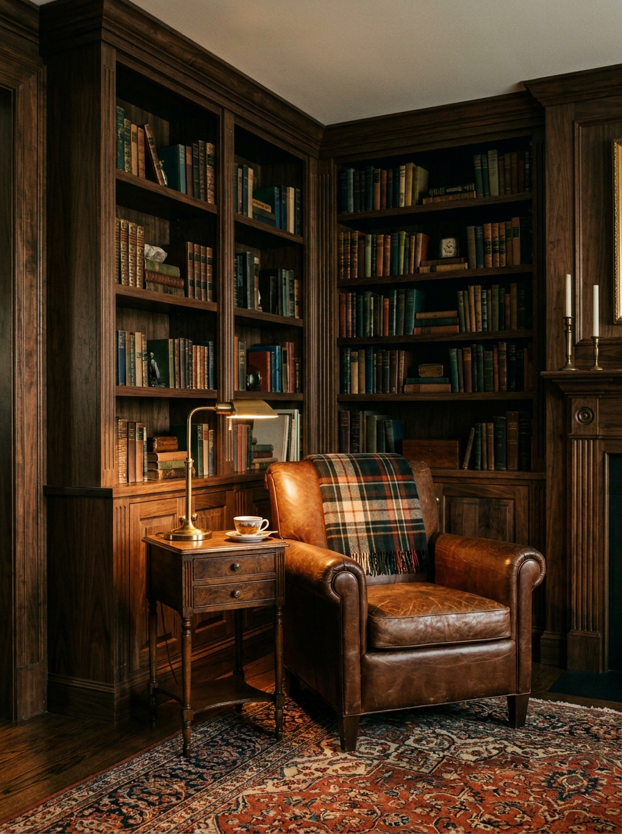 Ralph Lauren-inspired library corner with dark wood built-in bookshelves, brown leather chair, brass reading lamp, plaid blanket, small wood side table, traditional rug, and warm moody lighting