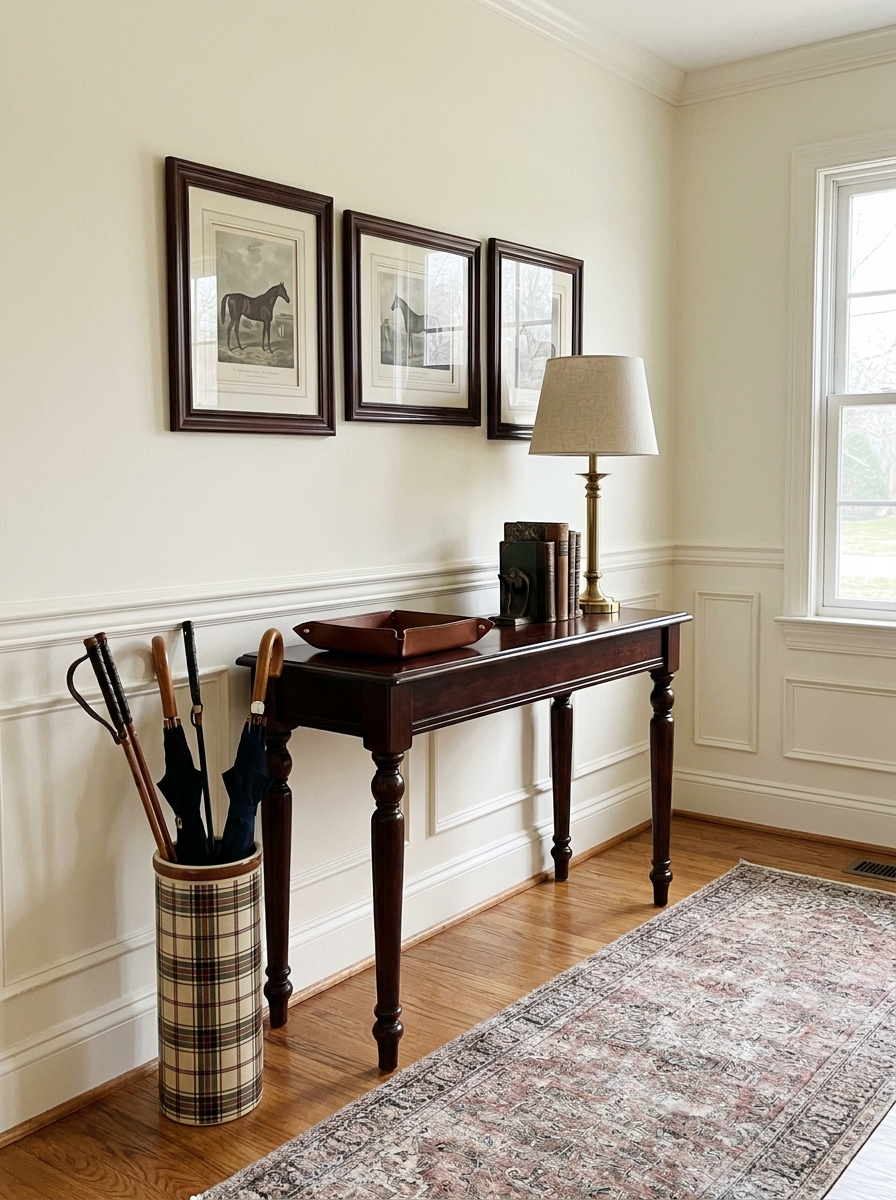 Elegant entryway with dark wood console table, framed horse artwork, brown leather tray, brass lamp, plaid umbrella stand, vintage-style rug, and cream walls