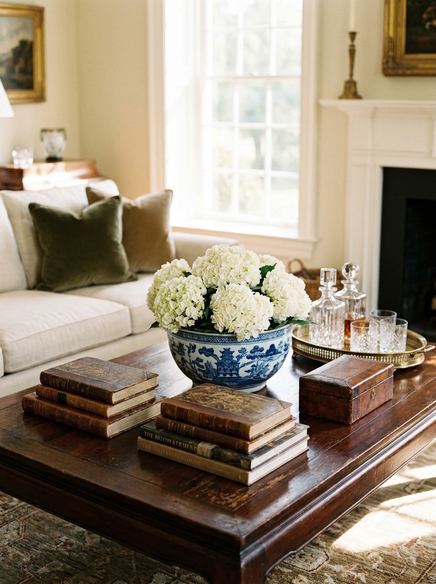 Styled dark wood coffee table with stacked books, white hydrangeas, blue-and-white ceramic bowl, brass tray, leather accent box, and cream sofa in the background
