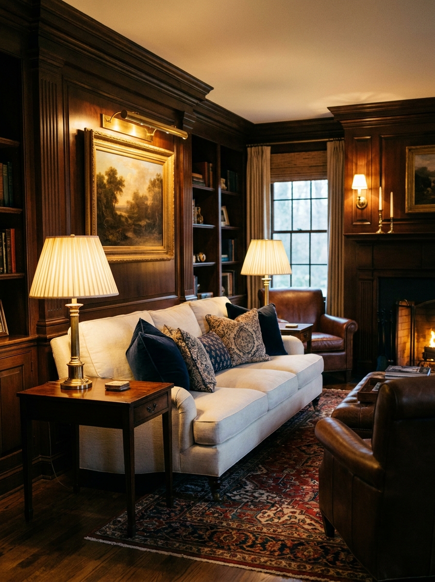 Ralph Lauren-inspired living room with brass table lamps with pleated shades, picture light above framed art, dark wood side tables, cream sofa, navy pillows, traditional rug, and soft evening glow