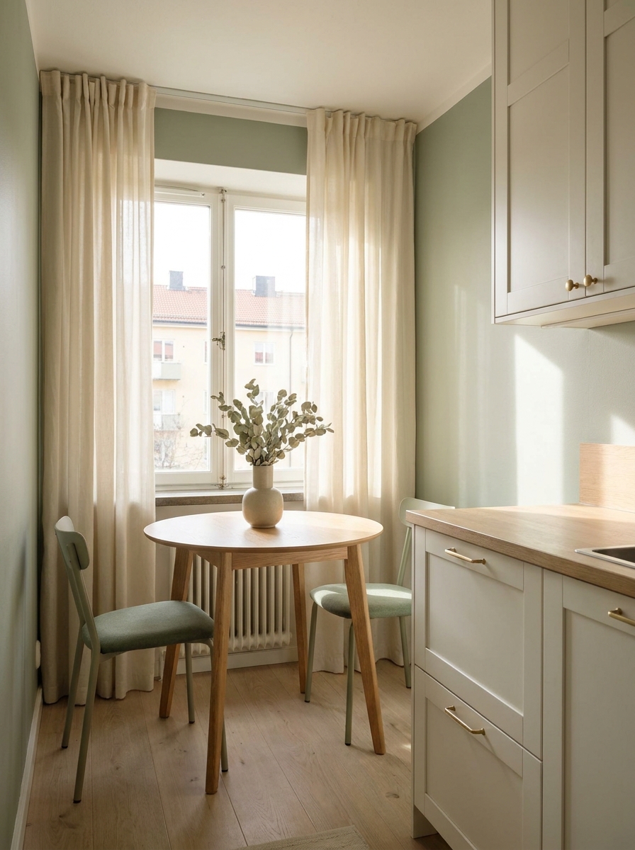 Tiny dining nook in a small apartment kitchen with round light wood table, slim chairs, window, vase, curtains, and compact cabinets