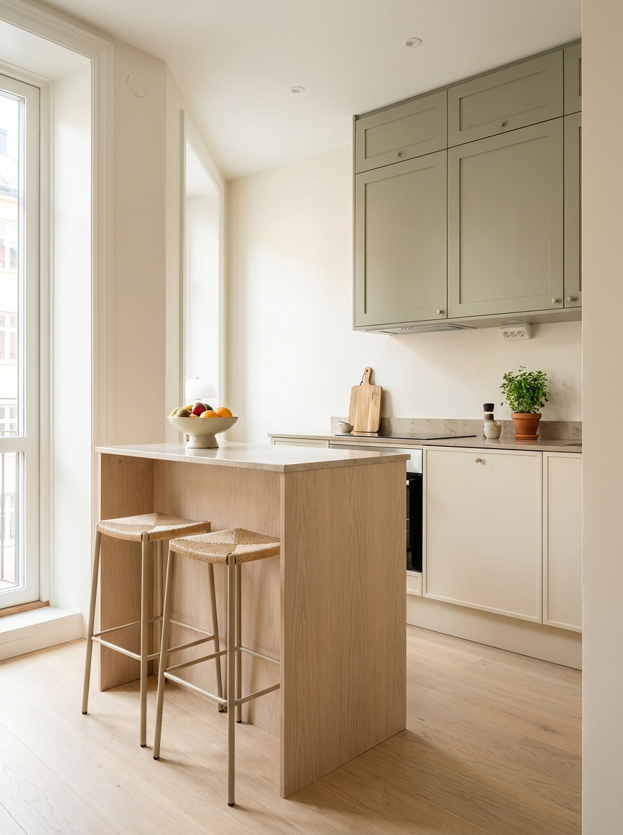 Small apartment kitchen with narrow island or breakfast bar, two backless stools, stone counter, cream or sage cabinets, and simple decor