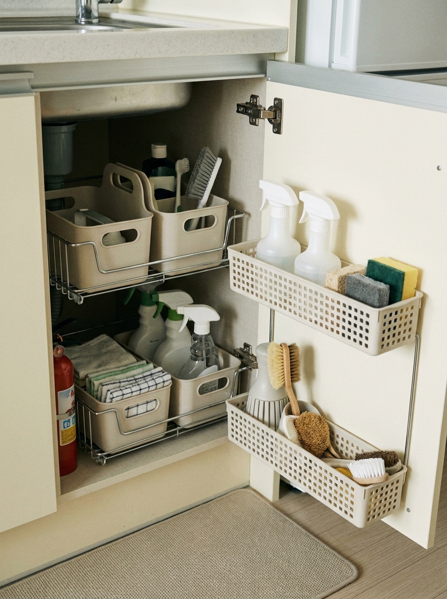 Organized under-sink cabinet in a small apartment kitchen with pull-out bins, caddies, folded cloths, sponges, and cleaning supplies