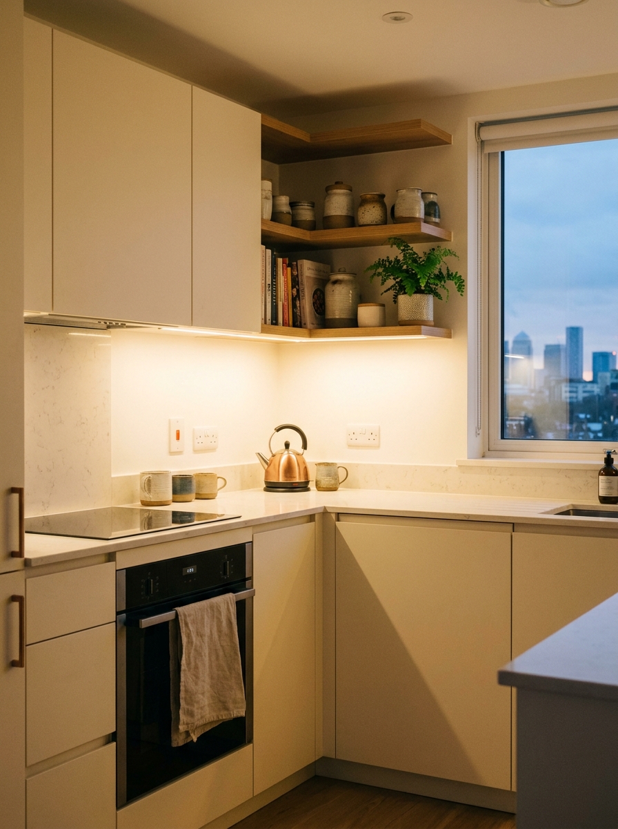 Evening small apartment kitchen with warm under-cabinet lighting, open shelves, cream cabinets, folded towel, ceramic jars, and plant