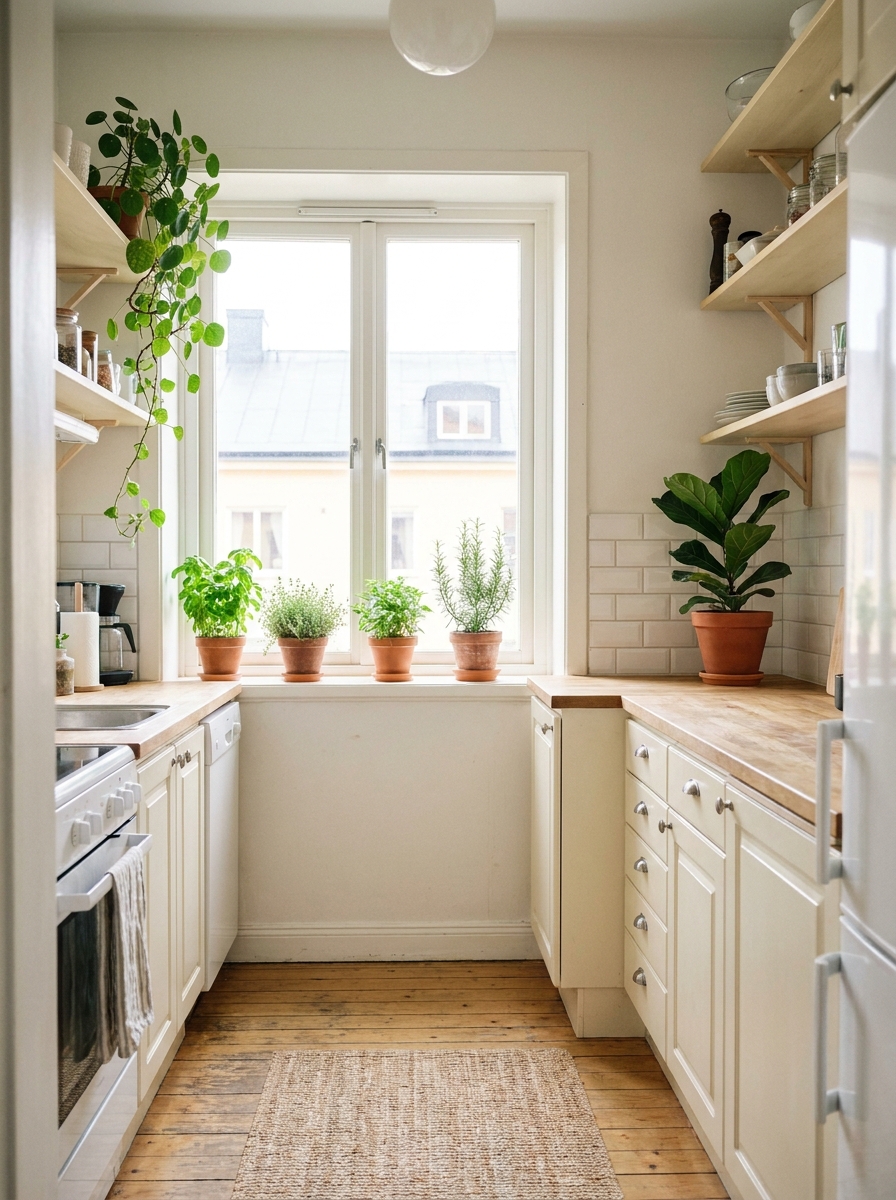 Small apartment kitchen decorated with herbs on windowsill, plant on shelf, potted plant on counter, cream cabinets, and light wood accents