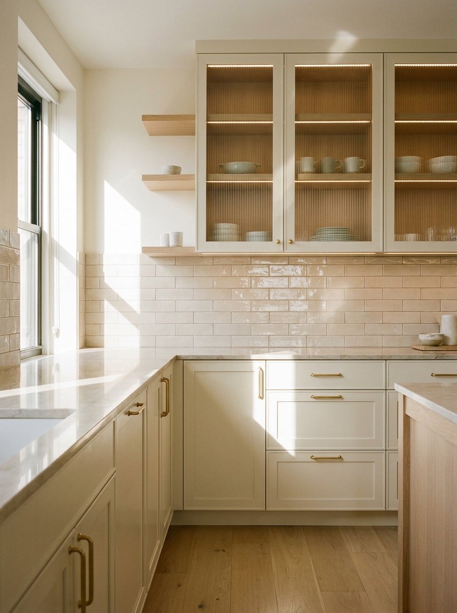 Small apartment kitchen with glossy light backsplash, pale stone counter, glass cabinet detail or shiny brass hardware, and reflected window light