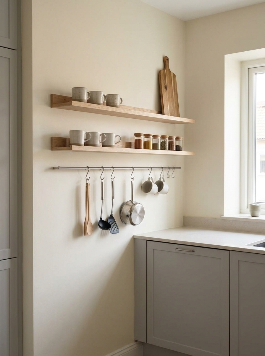 Small apartment kitchen wall with floating shelves, rail, hanging utensils, mugs, jars, cutting board, and compact styling