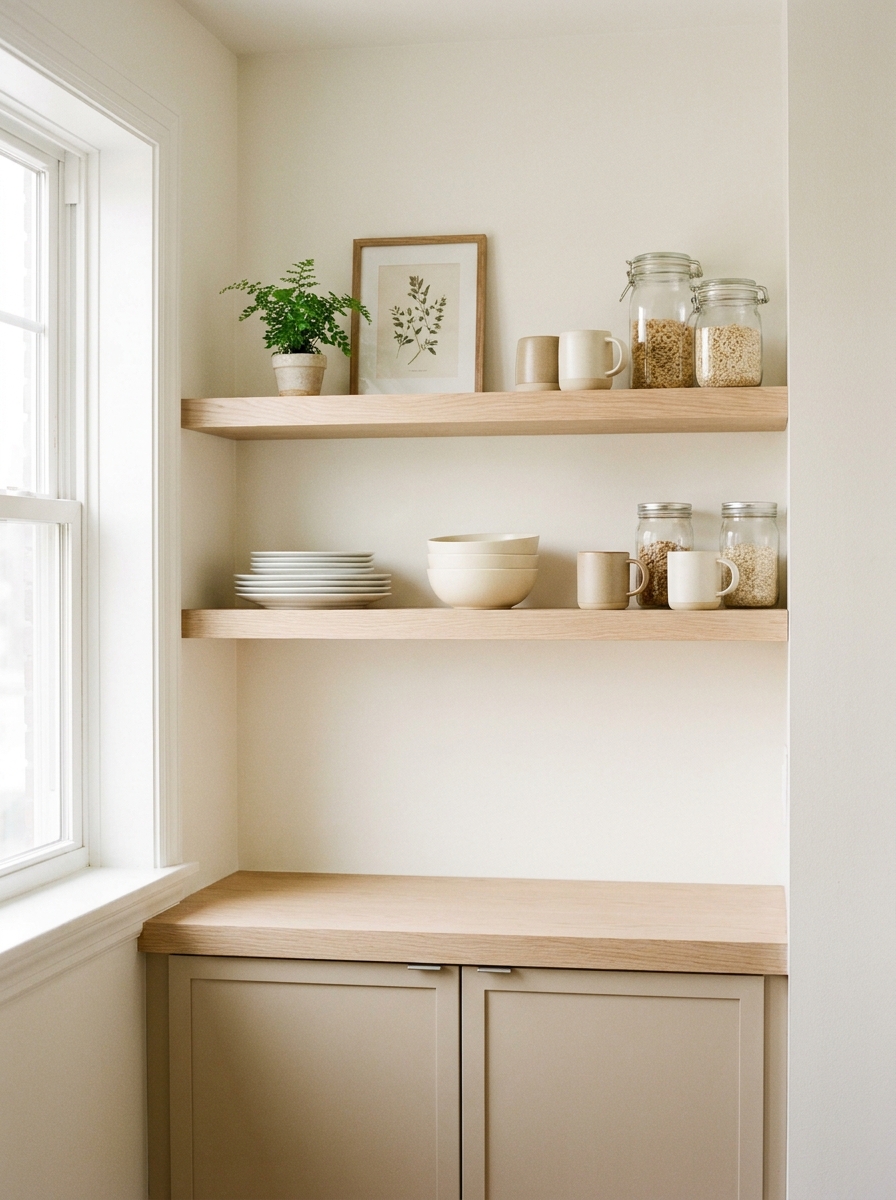 Open shelves in a small apartment kitchen with plates, bowls, glass jars, mugs, plant, framed print, and empty space