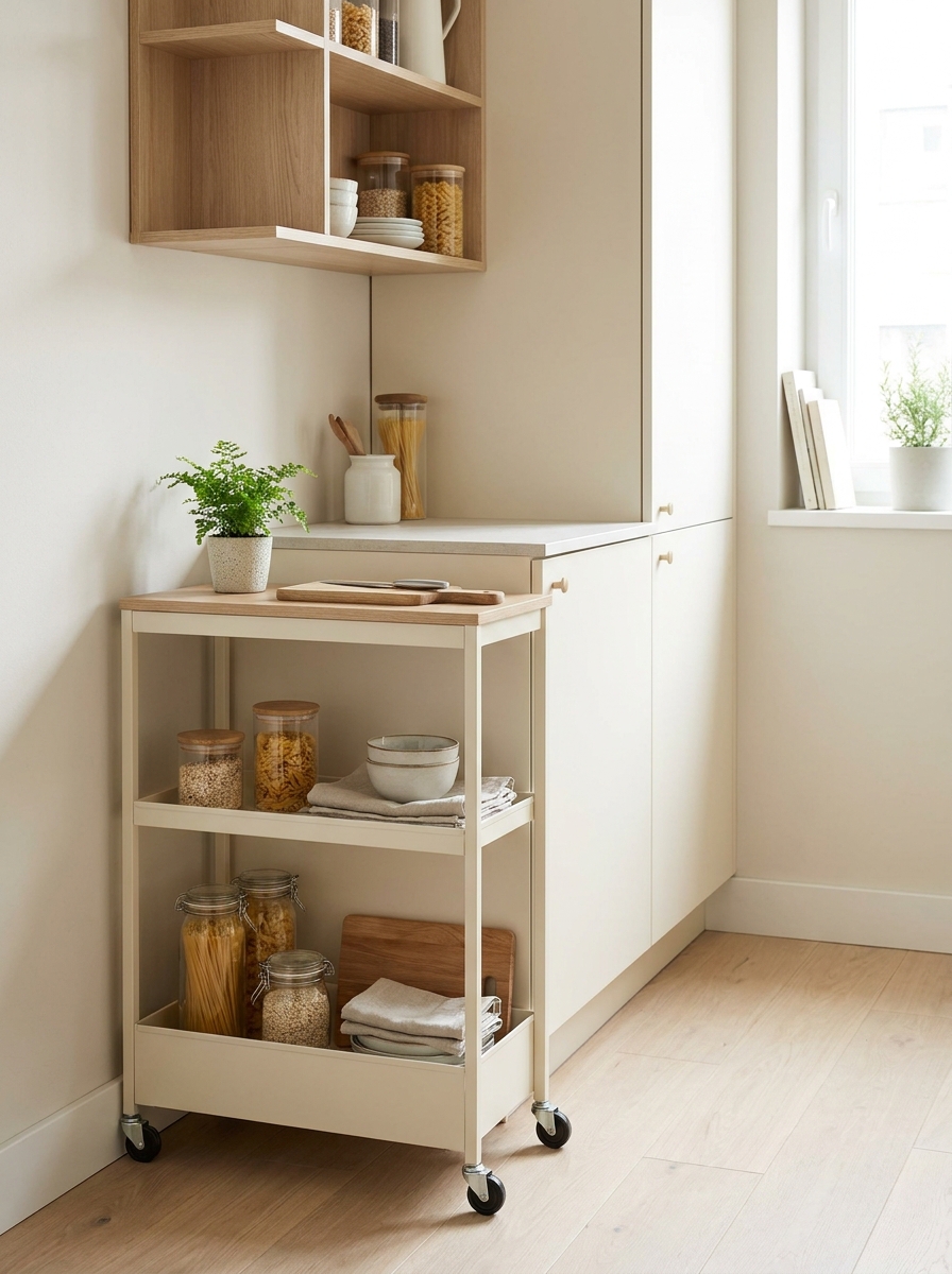 Small apartment kitchen with slim rolling cart organized with glass jars, bowls, folded towels, cutting board, and plant