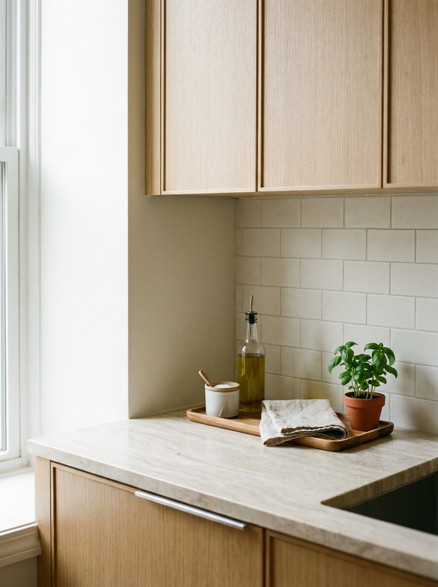 Small apartment kitchen counter kept minimal with tray, olive oil, ceramic salt jar, folded towel, herb plant, and compact cabinets