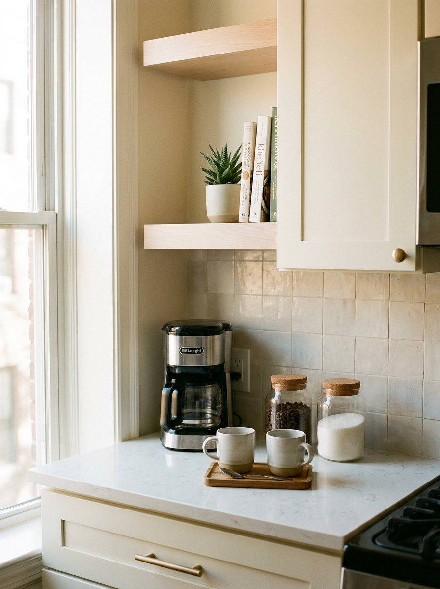 Compact coffee station in a small apartment kitchen with coffee maker, mugs, jars, tray, plant, shelf, and morning daylight