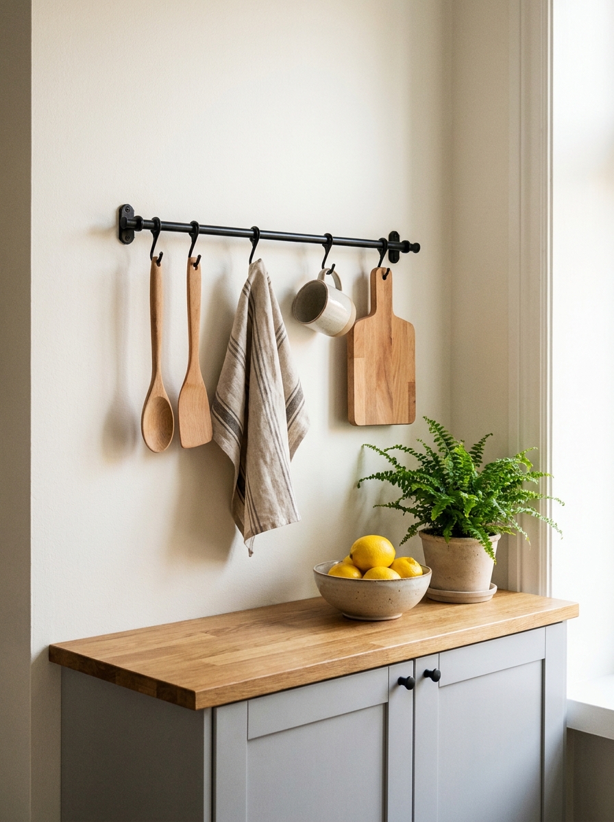 Small apartment kitchen wall with brass or black rail holding wooden utensils, linen towel, mug, cutting board, bowl, and plant