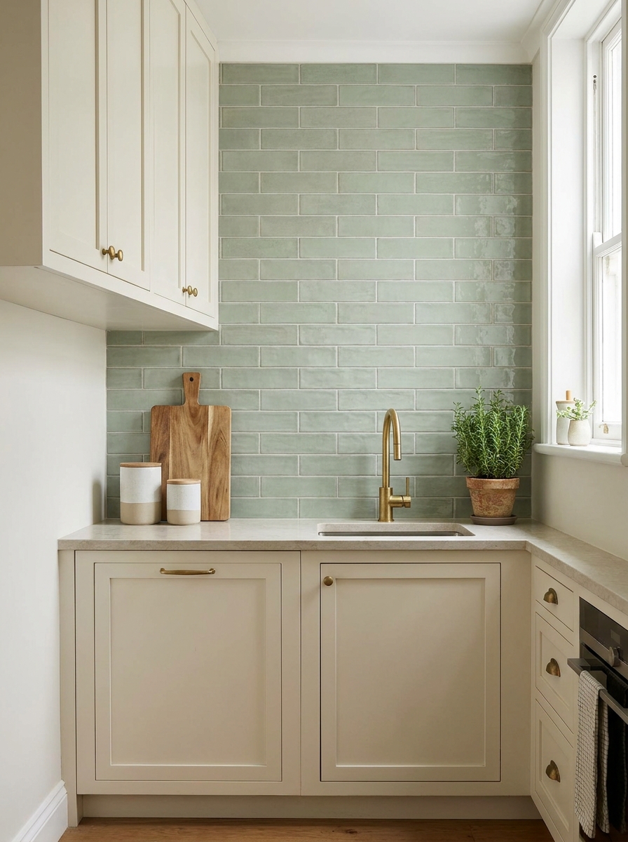 Small apartment kitchen with renter-friendly peel-and-stick backsplash, cream cabinets, stone counter, faucet, and simple decor