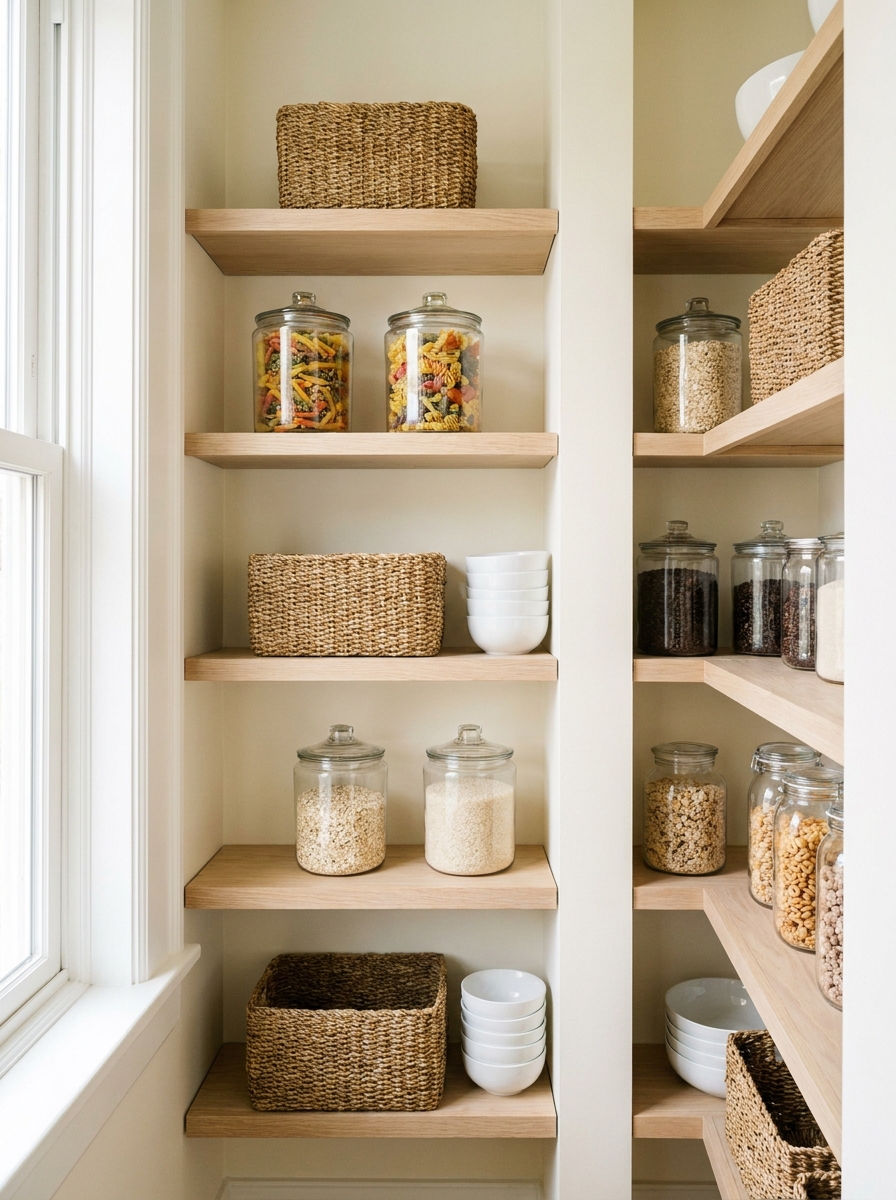 Small apartment kitchen pantry shelves with clear jars of pasta, oats, rice, coffee beans, cereal, baskets, and white bowls