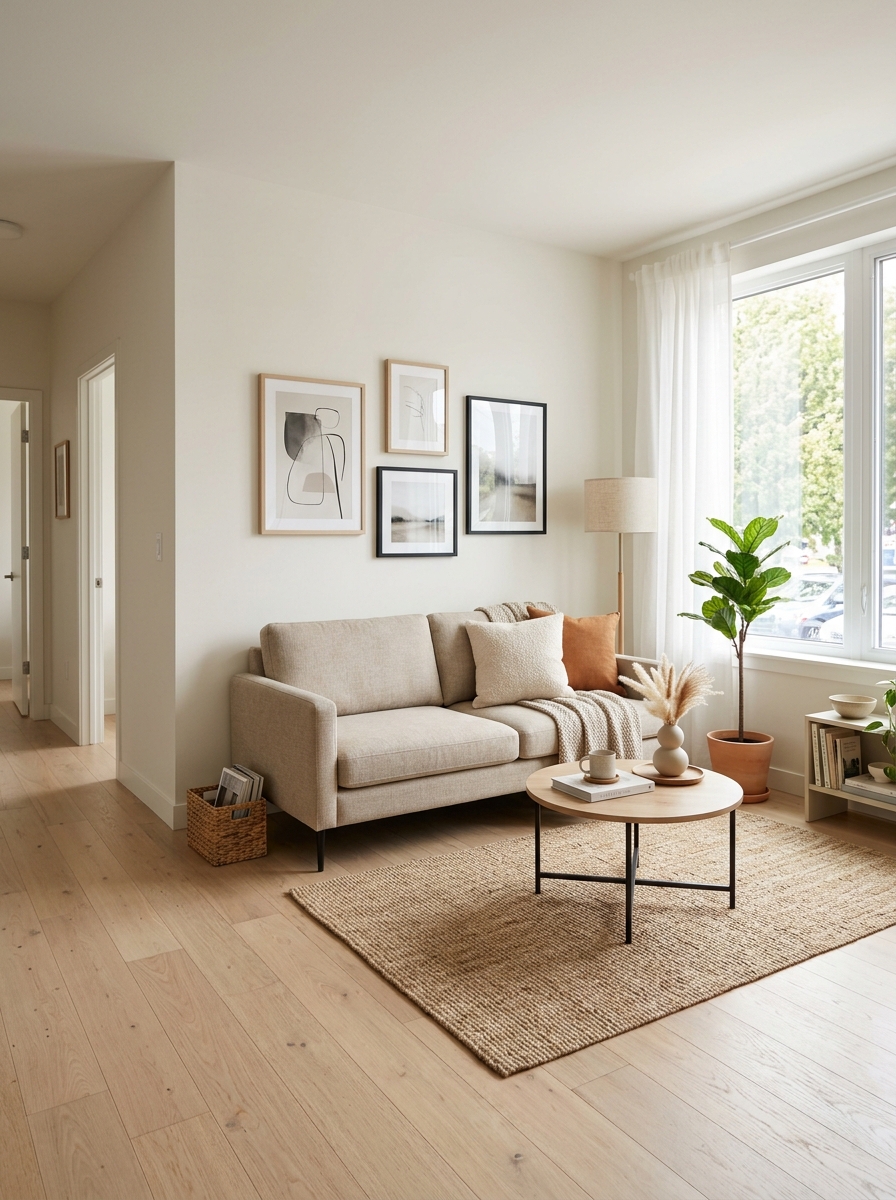 Small modern living room with slim beige sofa against the longest wall, open walkway, round coffee table, light curtains, pale oak floor, and neutral decor