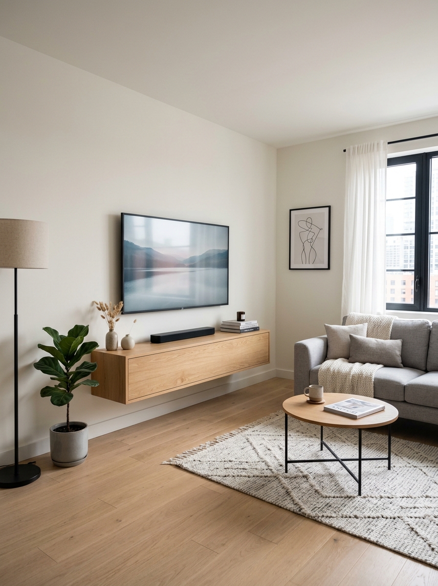 Small living room with TV wall, slim wall-mounted floating media console, compact sofa, small rug, minimal decor, and visible floor