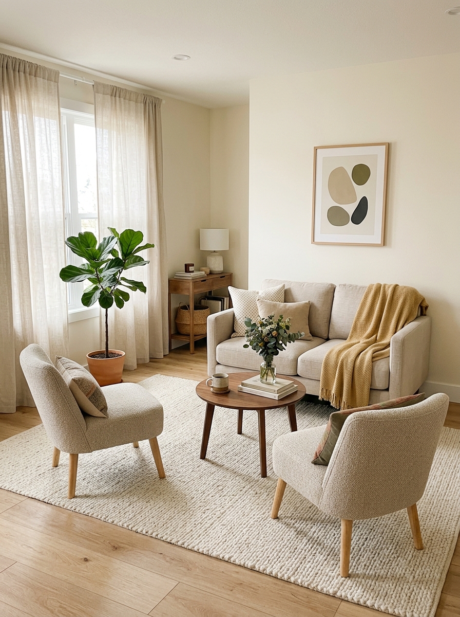 Small living room conversation layout with compact sofa facing two accent chairs, round coffee table, light rug, curtains, plant, and wall art