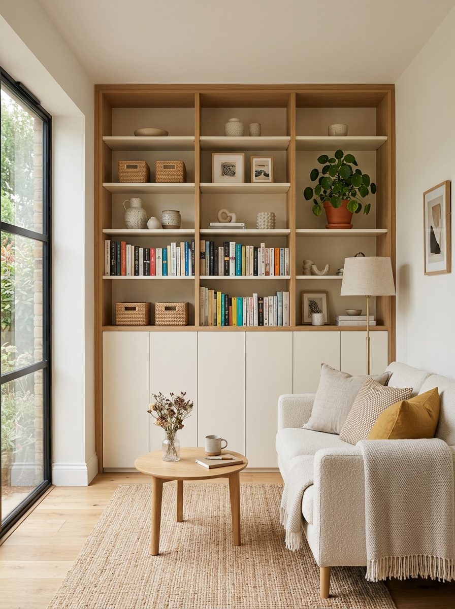Small living room with storage arranged along one wall, slim shelves, closed lower cabinets, compact sofa, small coffee table, books, baskets, ceramics, and plant