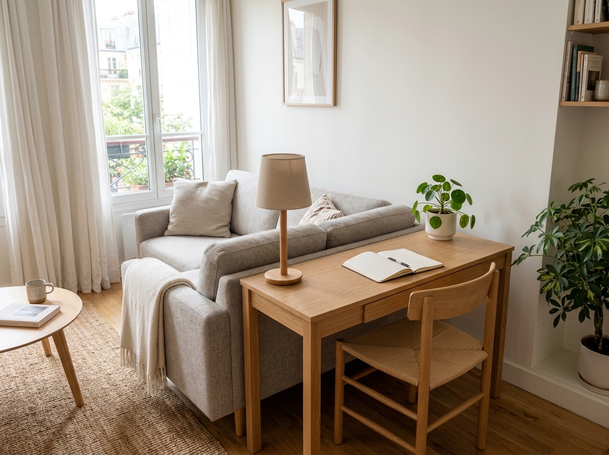 Small apartment living room with narrow desk behind sofa, slim writing desk, chair, lamp, notebook, plant, light wood furniture, and daylight