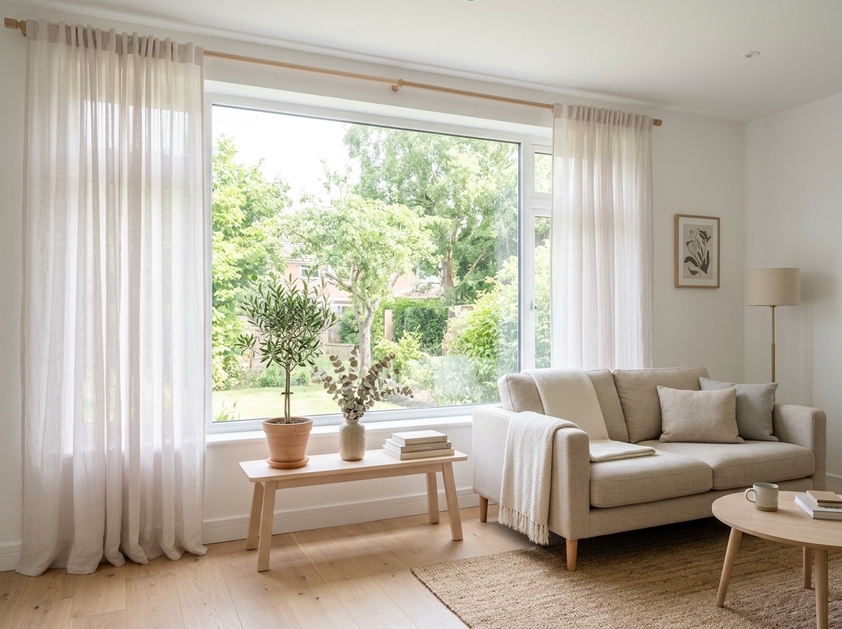 Small living room with window wall kept light and open, large light curtains, low bench or plant stand, compact sofa, pale wood, and airy mood