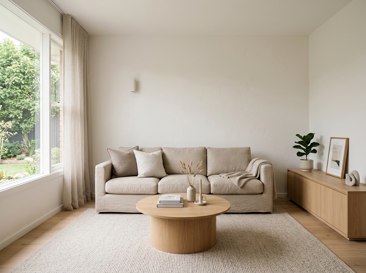 Small living room with simple layout using one sofa, one round coffee table, one large light rug, one low cabinet, minimal decor, and open feel