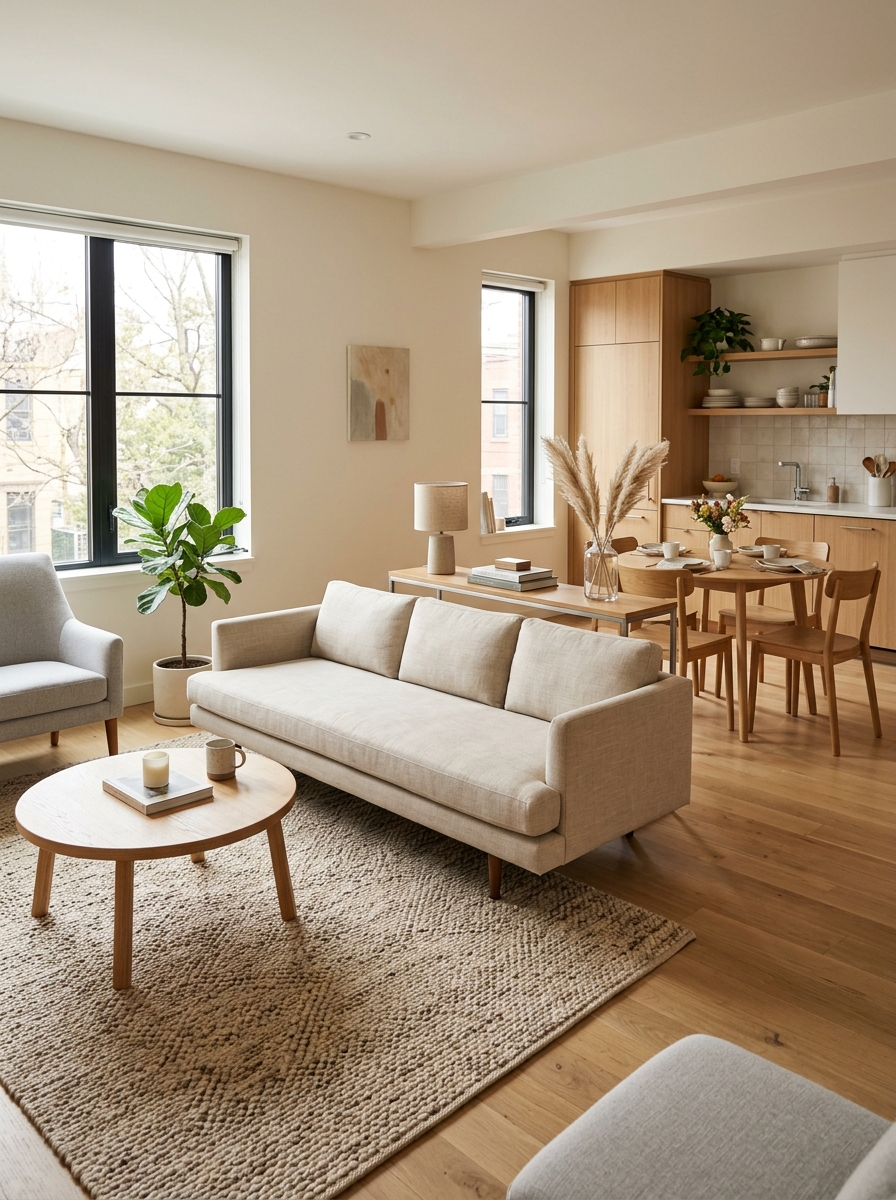 Small open-plan apartment living room with floating sofa dividing seating area from dining or kitchen space, slim console table, small rug, and open walkway