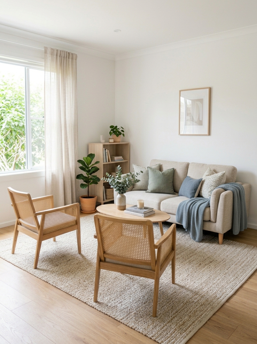 Small living room layout with compact sofa and two lightweight accent chairs, light rug, oval coffee table, pale wood furniture, and soft accents