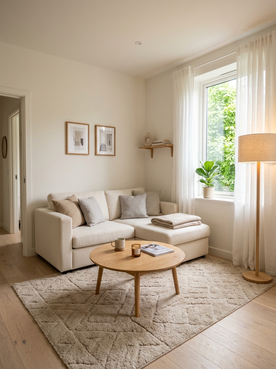 Small square living room with compact L-shaped corner sofa, round coffee table, soft rug, floor lamp, minimal wall art, and warm daylight