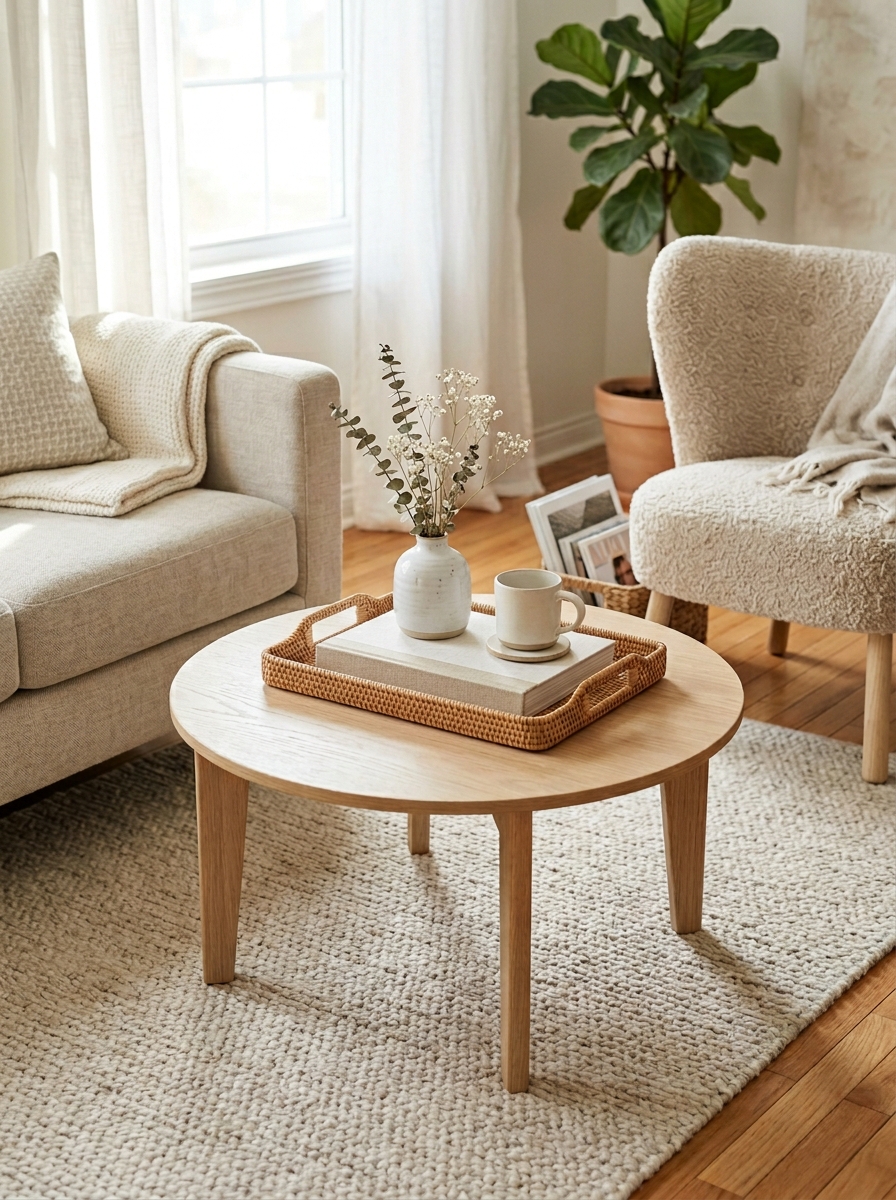 Small living room detail with compact round coffee table centered on light rug, sofa edge, accent chair, tray, book, small vase, and open walking space
