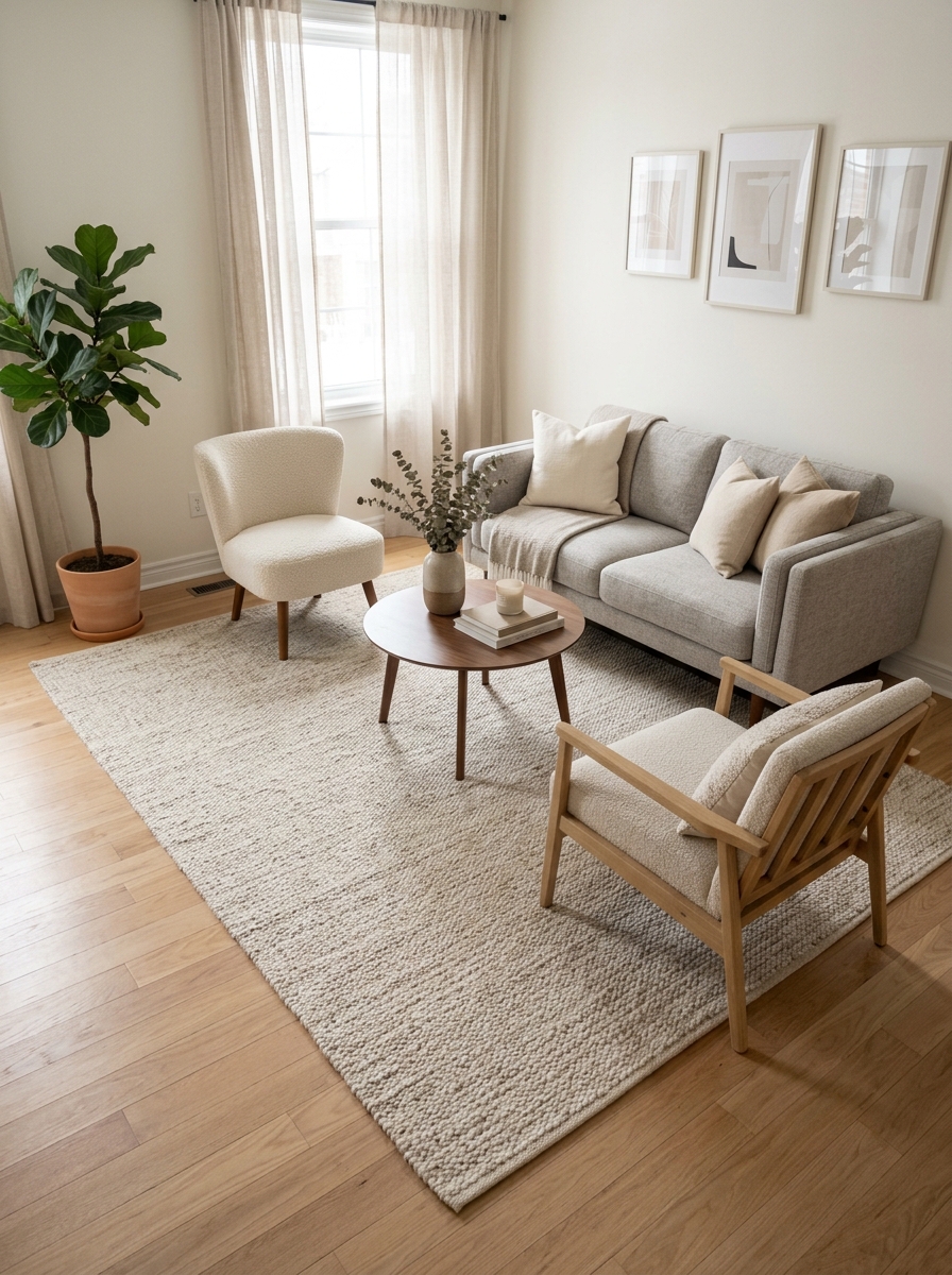Small living room layout with light textured rug large enough for front sofa and chair legs, compact sofa, two chairs, coffee table, and open floor