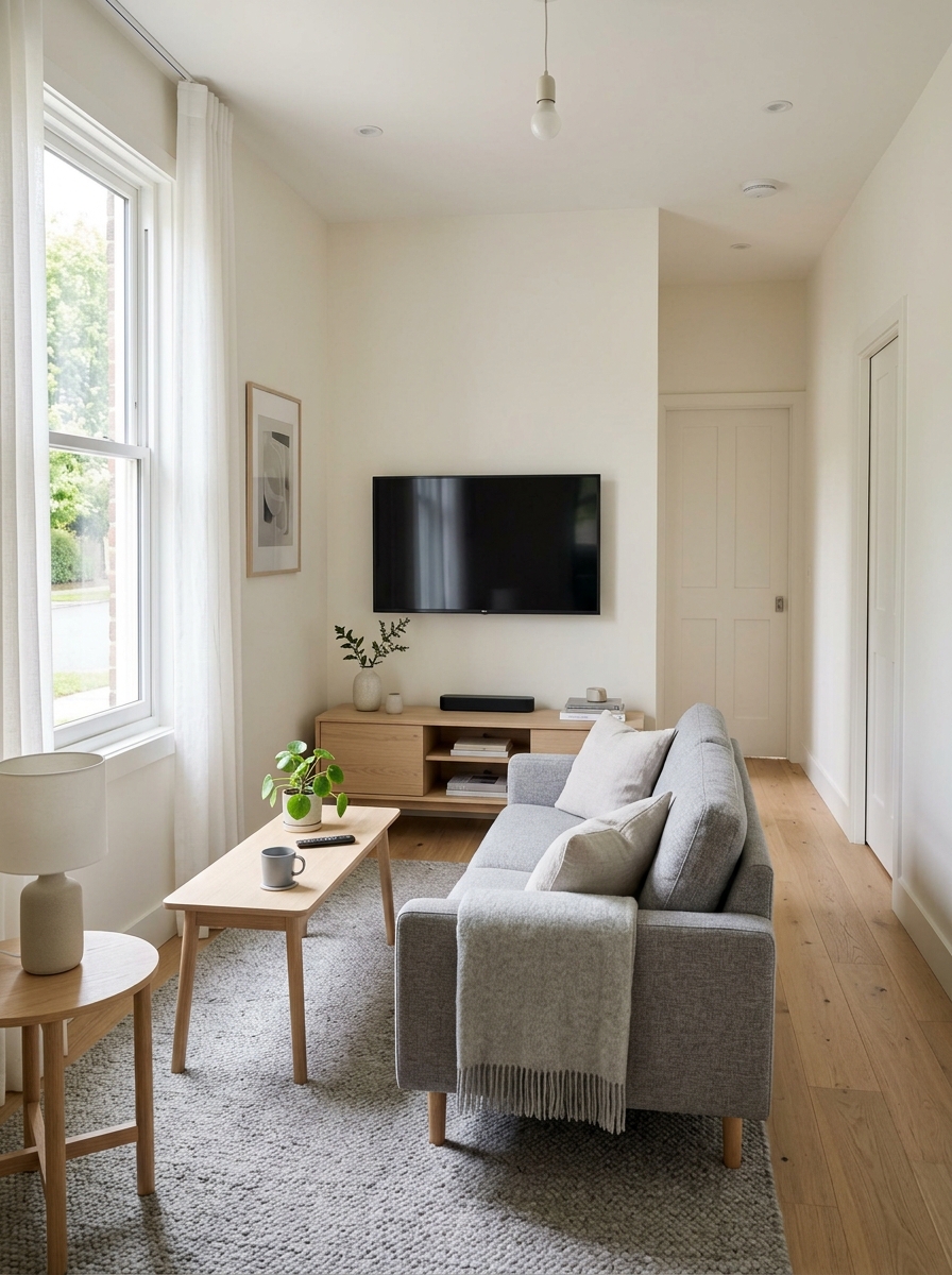 Narrow small living room with TV on the narrow wall, low media console, compact sofa facing TV, slim coffee table, and clear walkway