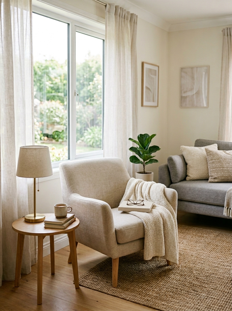 Small living room with compact reading chair by window, tiny side table, lamp, throw blanket, light curtains, and main sofa in background