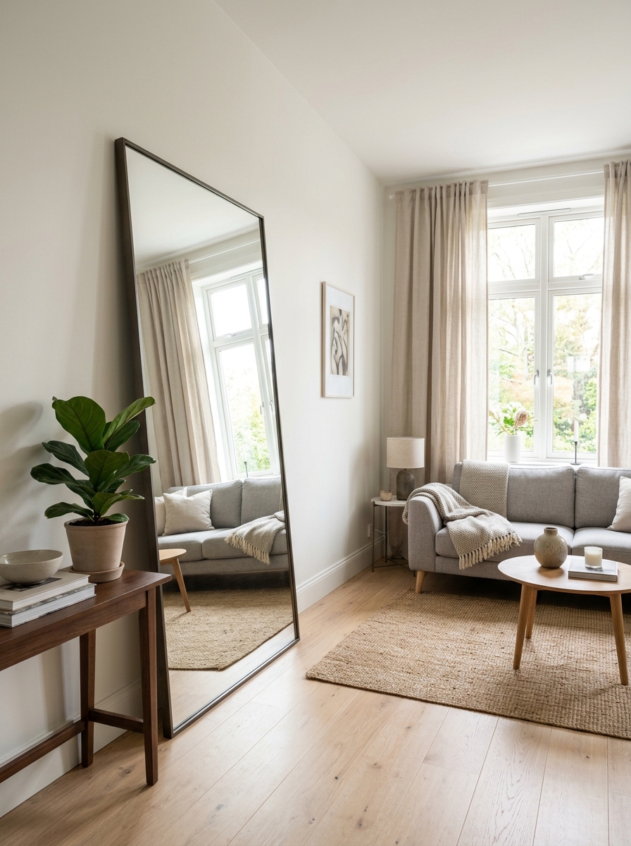 Small living room with large mirror positioned across from window, reflecting sofa, curtains, daylight, console table, and plant