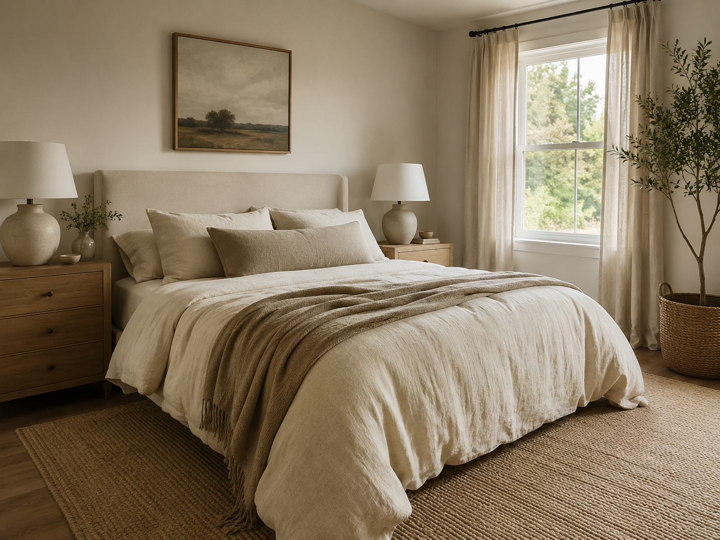 Warm neutral bedroom with cream bedding, beige pillows, taupe throw blanket, light wood nightstands, and soft daylight