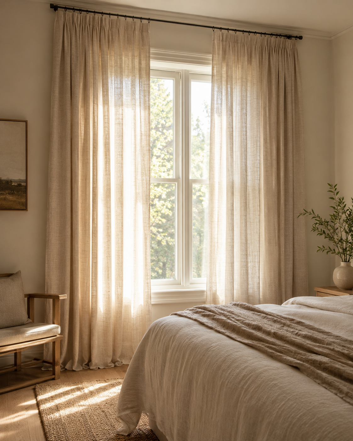 Bedroom window with tall cream linen curtains, warm daylight, side chair, and part of a cozy neutral bed