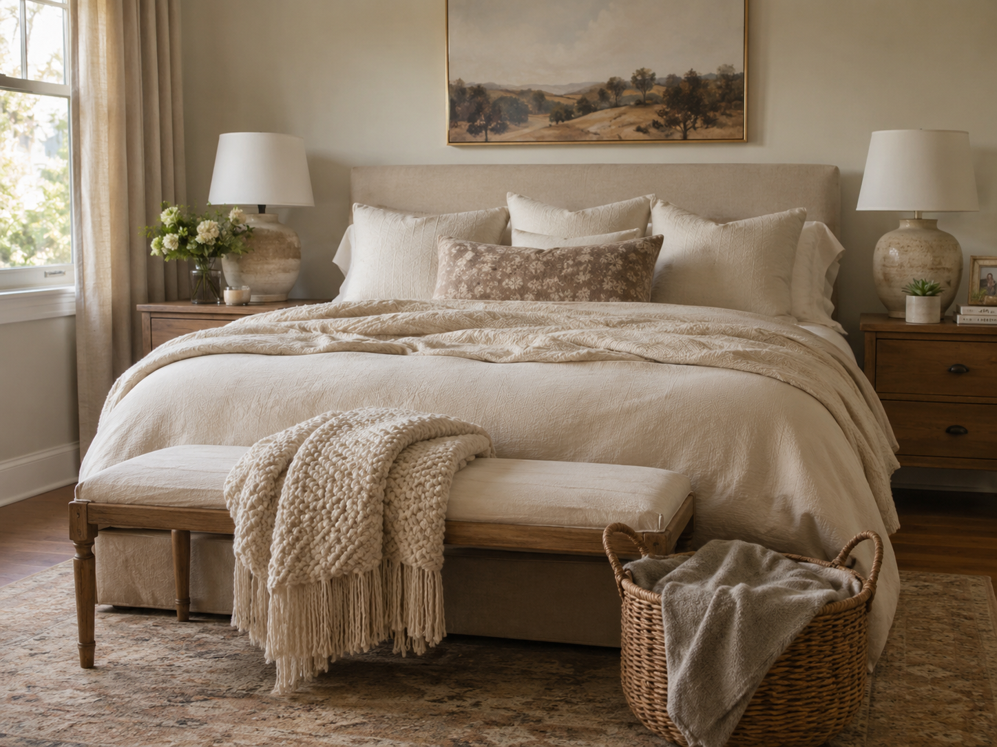 Cozy bedroom with cream bedding, a bench at the foot of the bed, folded chunky throw, basket, nightstands, and wall art