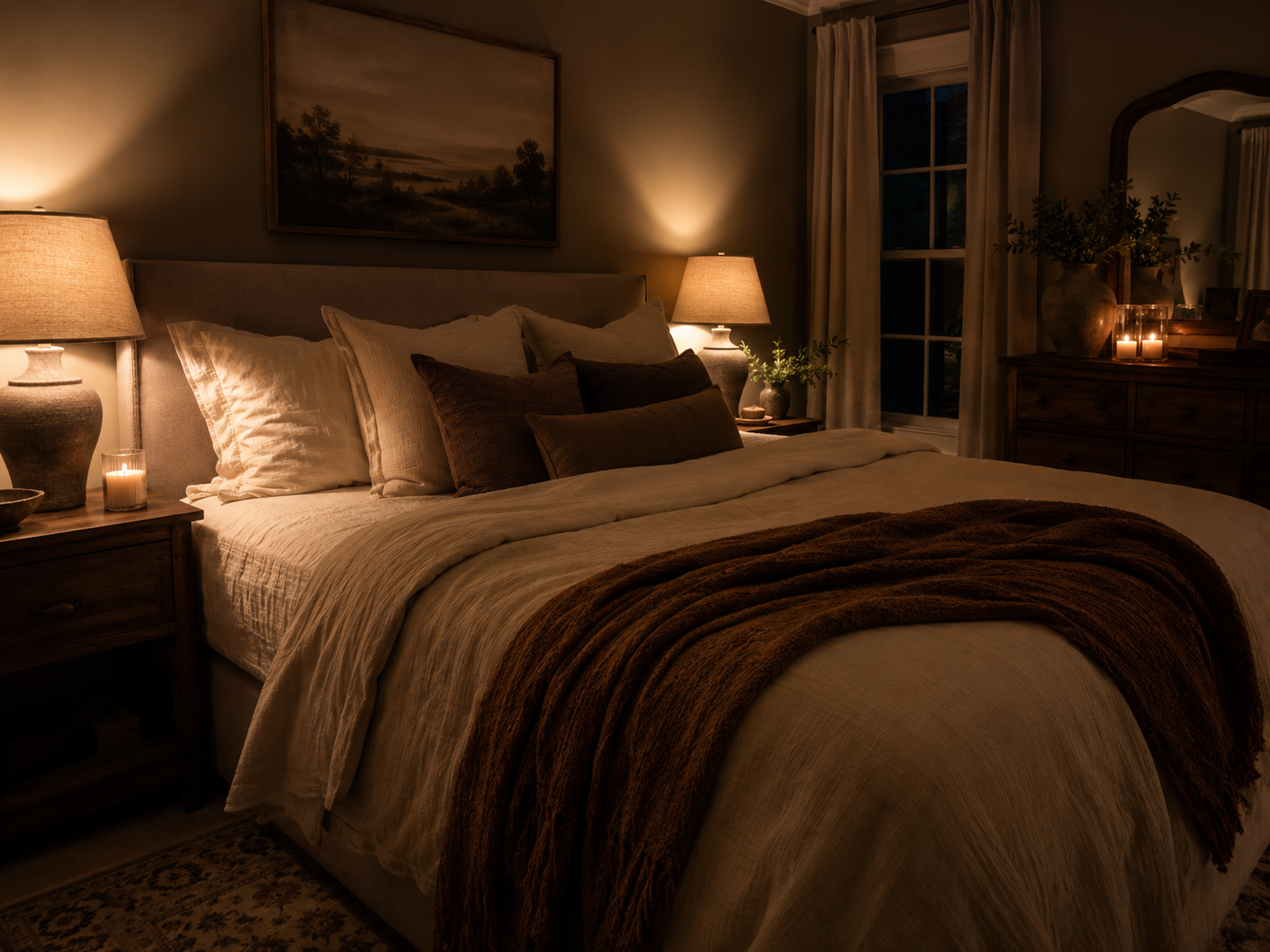 Moody evening bedroom with layered neutral bedding, brown throw blanket, glowing lamps, candles, and warm shadows