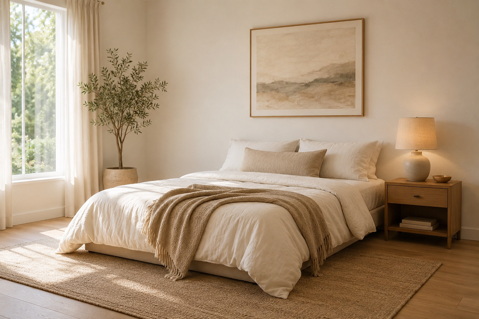 Minimal warm bedroom with cream bedding, beige throw, wooden nightstand, warm lamp, framed neutral artwork, rug, and natural daylight