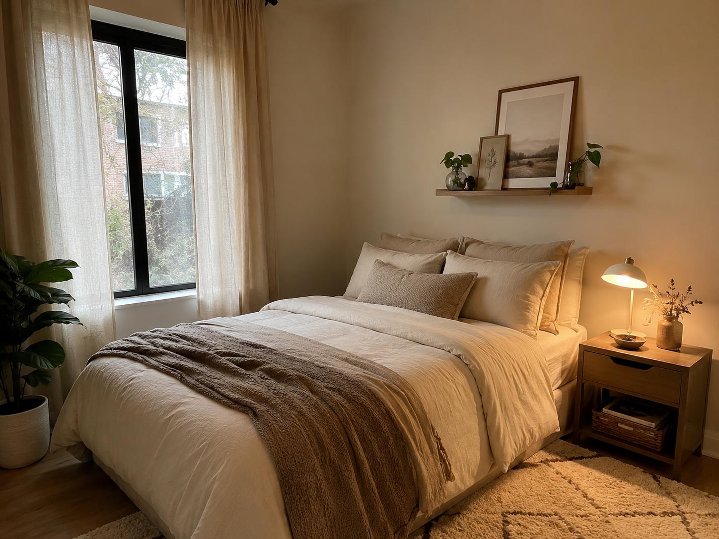 Cozy apartment bedroom with warm neutral bedding, rug, compact nightstand, plug-in sconce, light curtains, and framed art